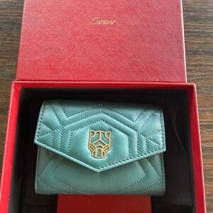 Cartier Teal Quilted Leather Compact Wallet with Gold Emblem